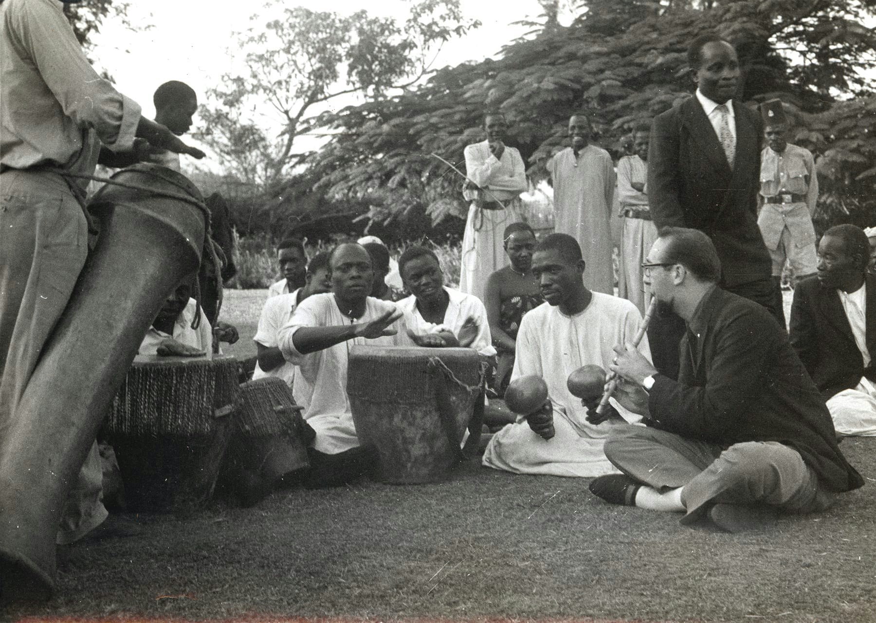 With the musicians of the Kabaka of Uganda, 1960. Photo courtesy of Janeal Arison.